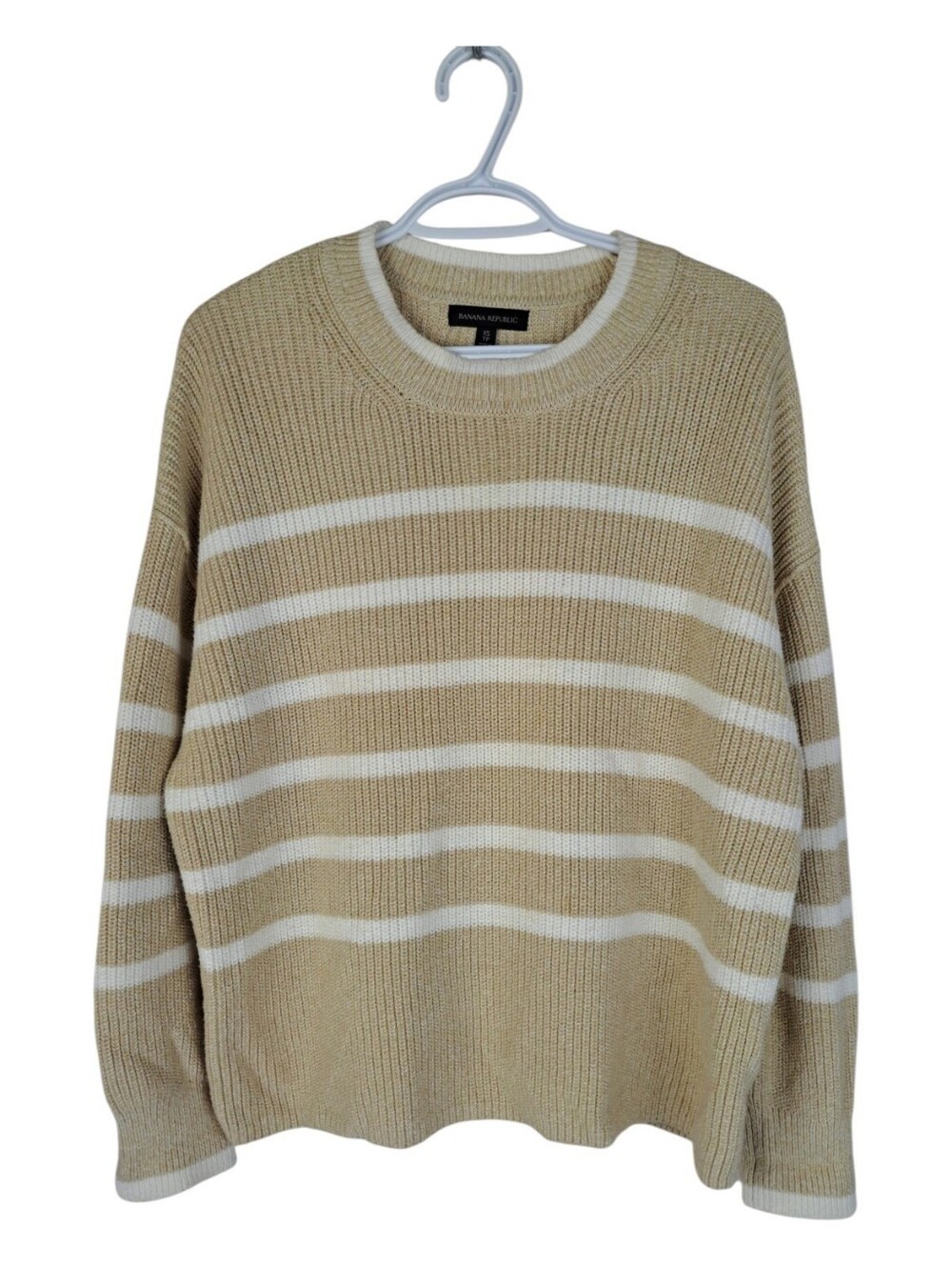 Banana Republic Tan White Striped Cotton Knit Crewneck Sweater XS